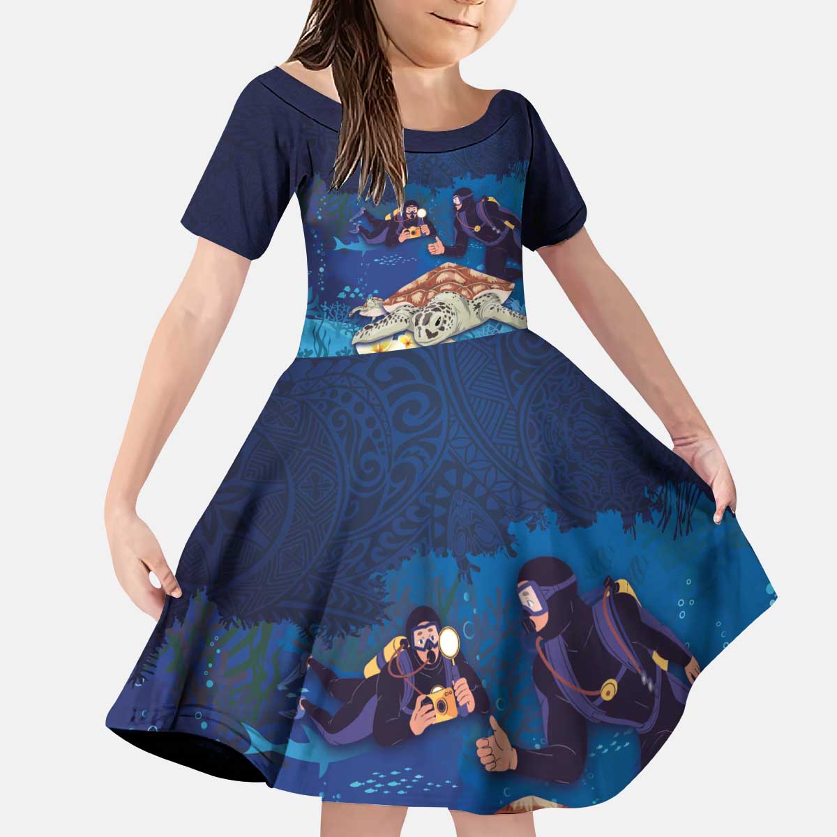 Polynesian Scuba Diving Kid Short Sleeve Dress Honu with Hibiscus and Plumeria Flower and Tapa Tribal Pattern LT03 KID Blue - Polynesian Pride