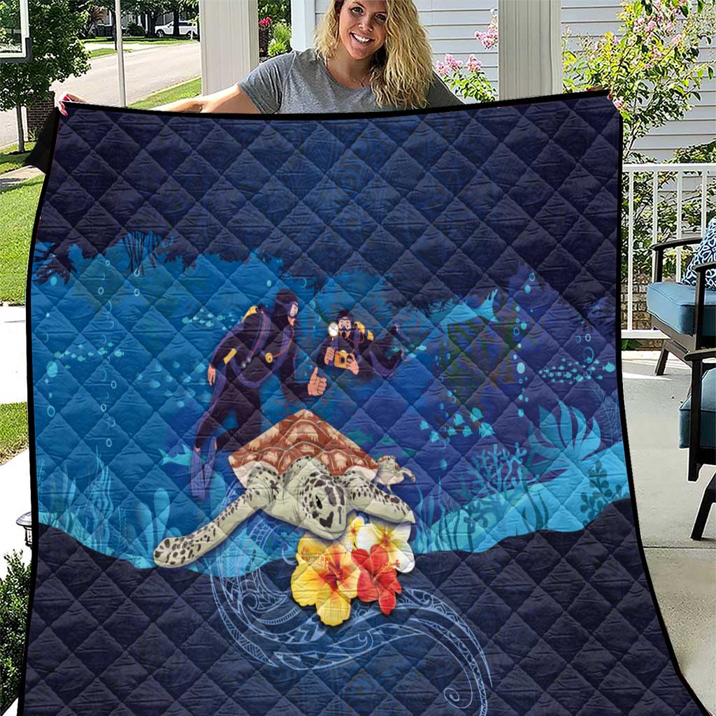 Polynesian Scuba Diving Quilt Honu with Hibiscus and Plumeria Flower and Tapa Tribal Pattern