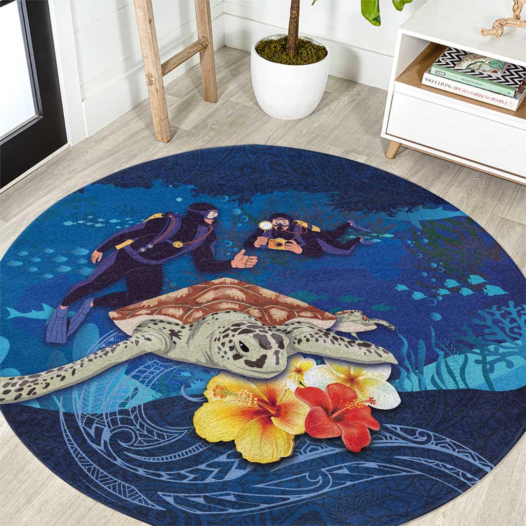 Polynesian Scuba Diving Round Carpet Honu with Hibiscus and Plumeria Flower and Tapa Tribal Pattern LT03 Blue - Polynesian Pride