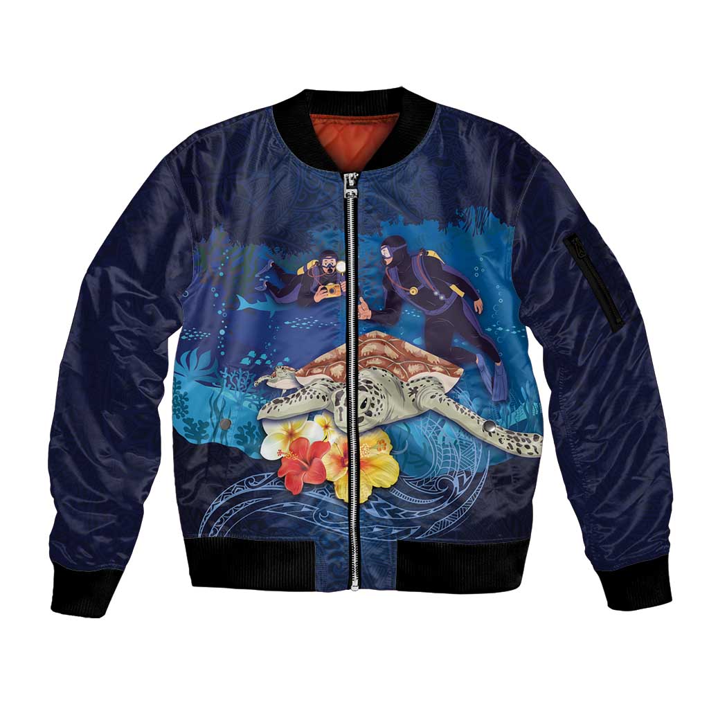 Polynesian Scuba Diving Sleeve Zip Bomber Jacket Honu with Hibiscus and Plumeria Flower and Tapa Tribal Pattern LT03 Unisex Blue - Polynesian Pride