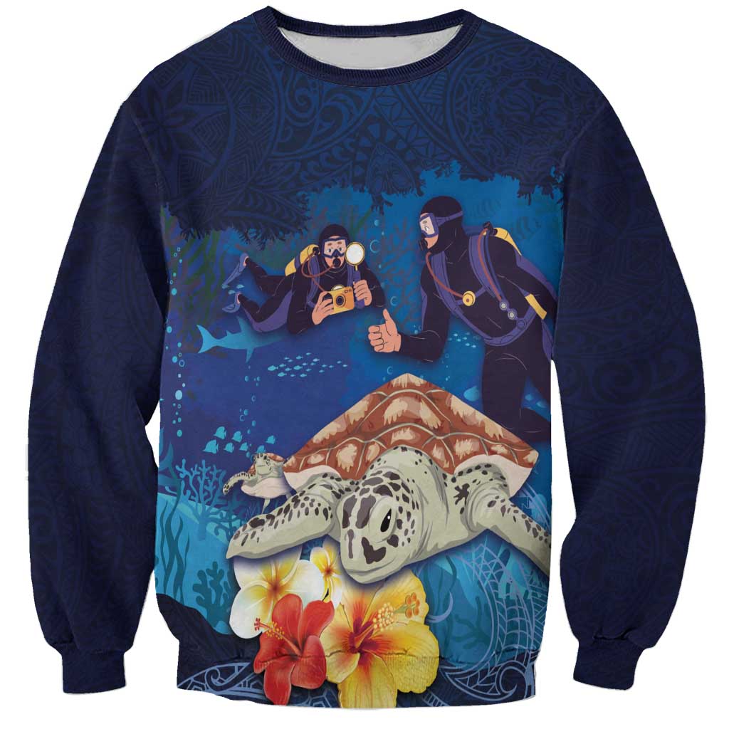 Polynesian Scuba Diving Sweatshirt Honu with Hibiscus and Plumeria Flower and Tapa Tribal Pattern LT03 Unisex Blue - Polynesian Pride