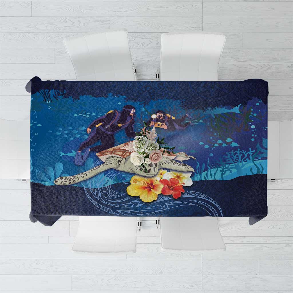 Polynesian Scuba Diving Tablecloth Honu with Hibiscus and Plumeria Flower and Tapa Tribal Pattern