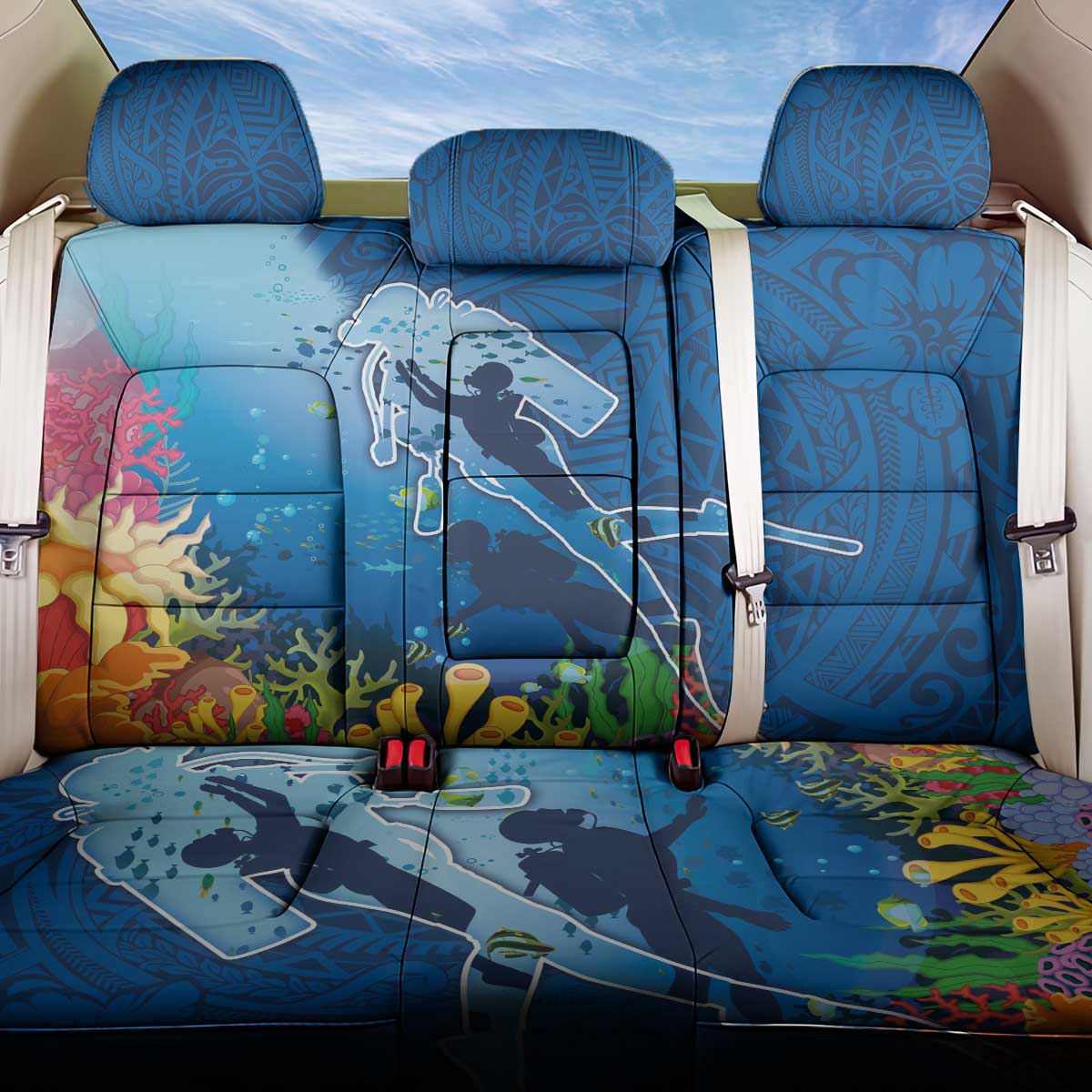 Polynesian Scuba Diving Back Car Seat Cover Beauty Corals with Underwater and Polynesian Pattern LT03 One Size Blue - Polynesian Pride