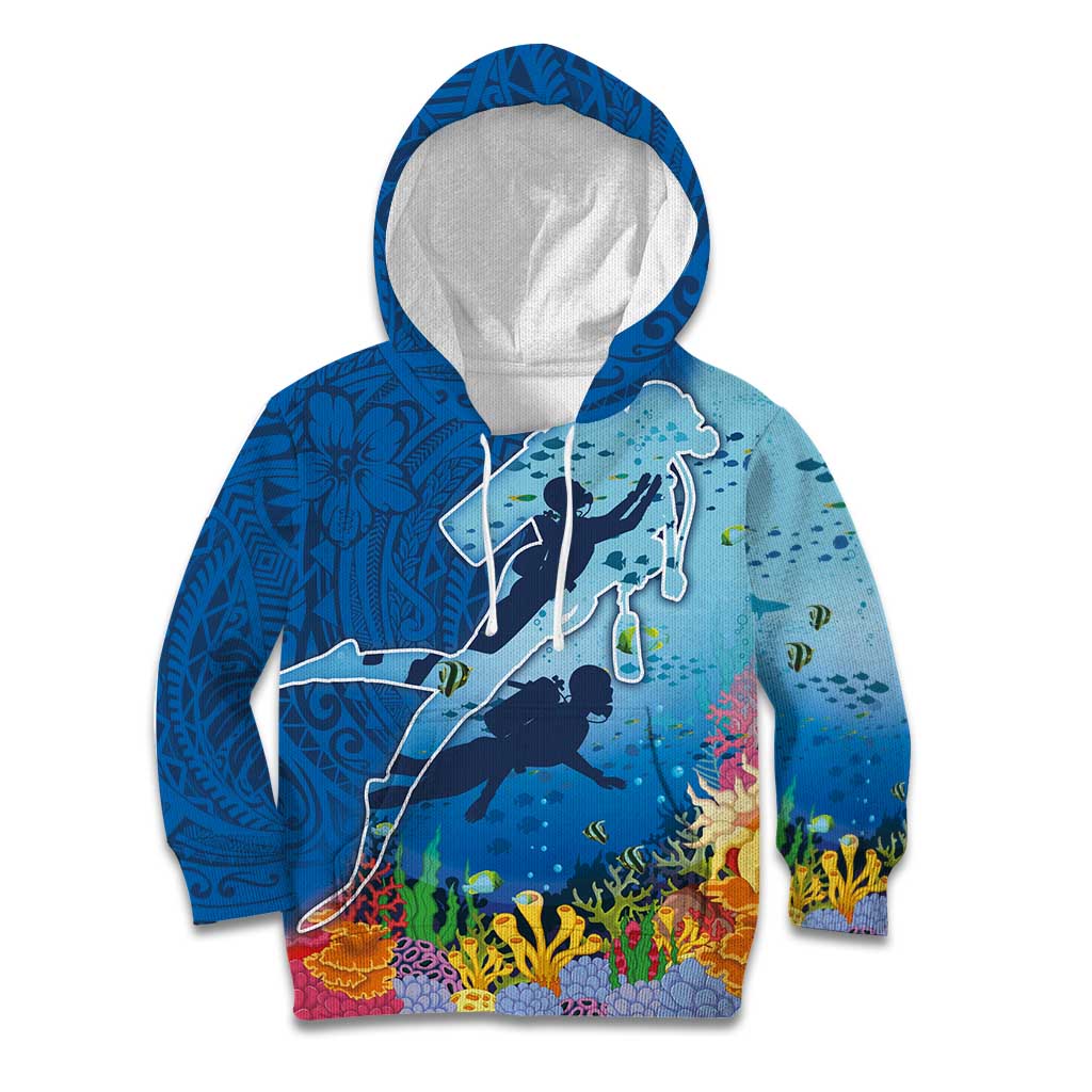 Polynesian Scuba Diving Kid Hoodie Beauty Corals with Underwater and Polynesian Pattern LT03 Hoodie Blue - Polynesian Pride
