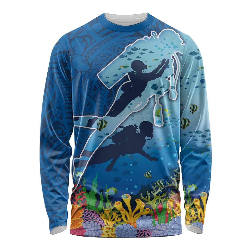 Polynesian Scuba Diving Long Sleeve Shirt Beauty Corals with Underwater and Polynesian Pattern LT03 Unisex Blue - Polynesian Pride