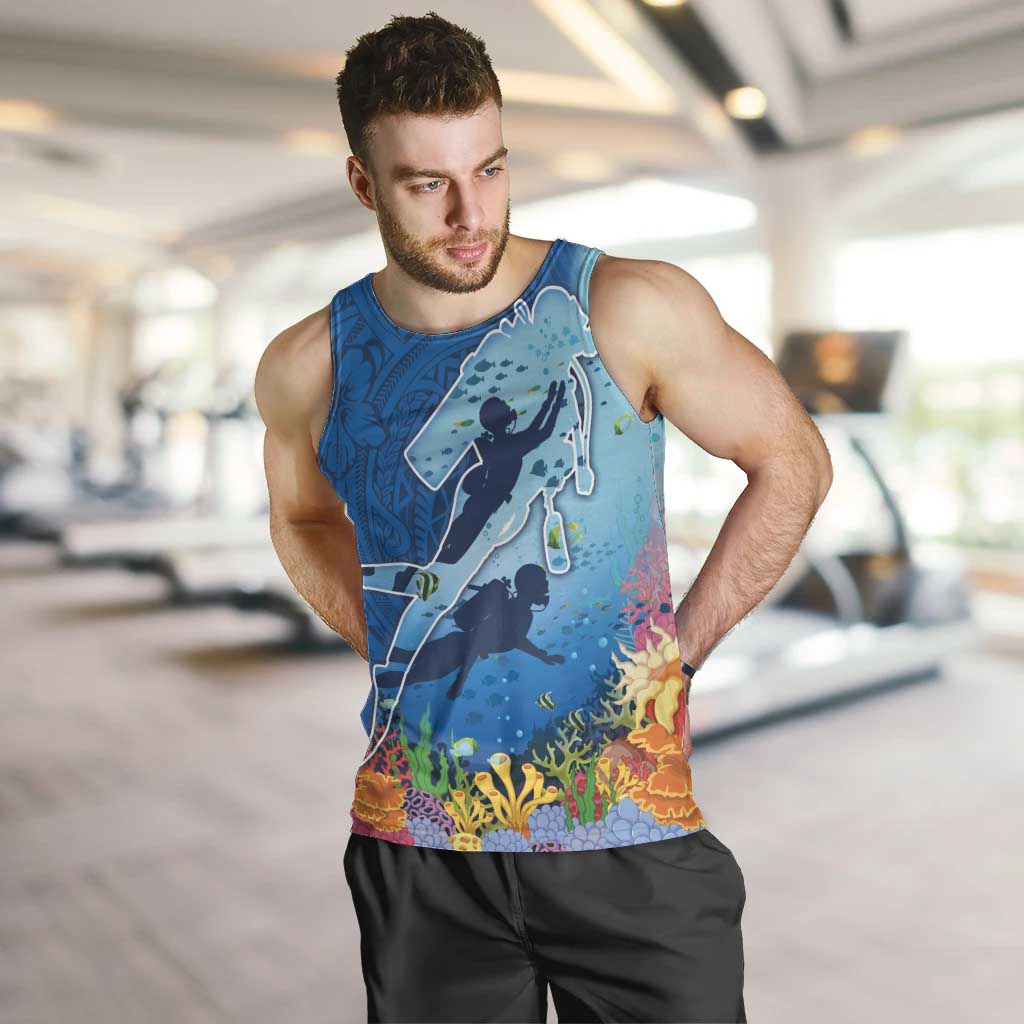 Polynesian Scuba Diving Men Tank Top Beauty Corals with Underwater and Polynesian Pattern LT03 Blue - Polynesian Pride