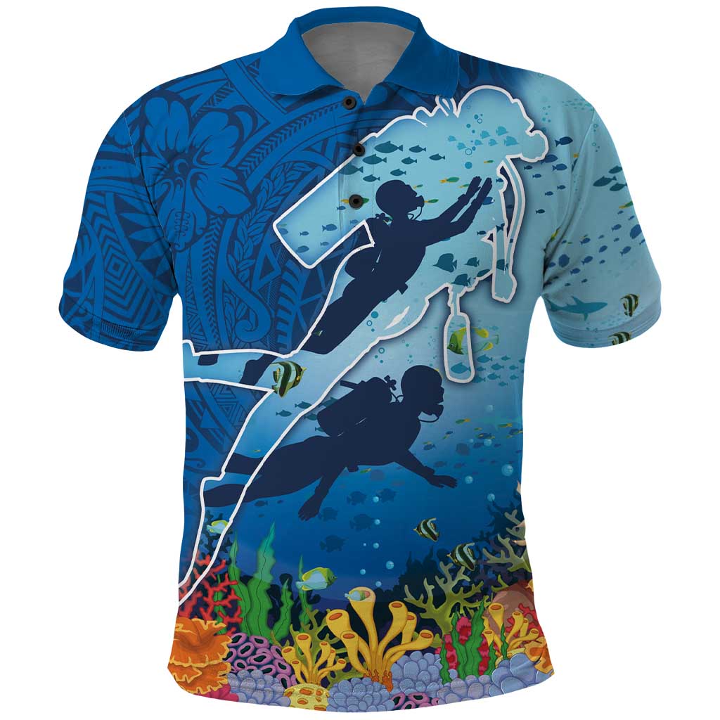 Polynesian Scuba Diving Polo Shirt Beauty Corals with Underwater and Polynesian Pattern LT03 Blue - Polynesian Pride