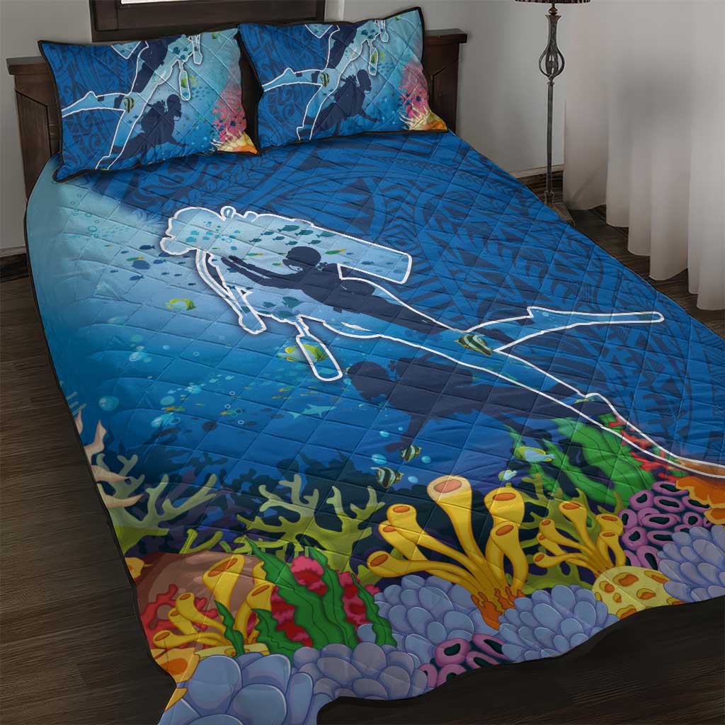 Polynesian Scuba Diving Quilt Bed Set Beauty Corals with Underwater and Polynesian Pattern LT03 Blue - Polynesian Pride