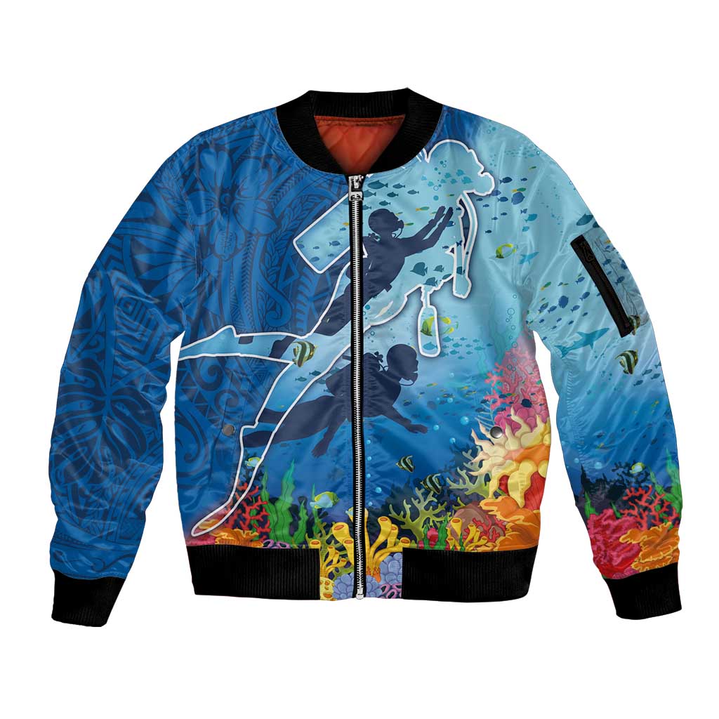 Polynesian Scuba Diving Sleeve Zip Bomber Jacket Beauty Corals with Underwater and Polynesian Pattern LT03 Unisex Blue - Polynesian Pride
