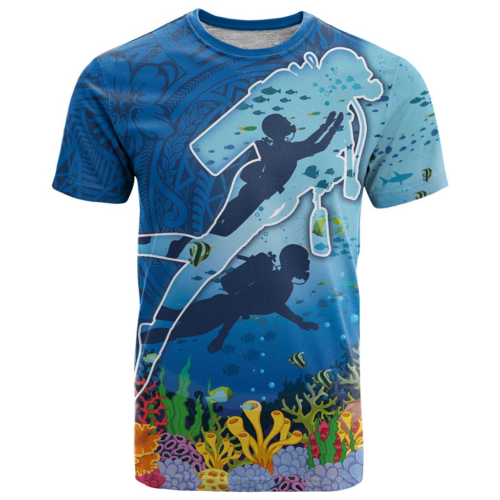 Polynesian Scuba Diving T Shirt Beauty Corals with Underwater and Polynesian Pattern LT03 Blue - Polynesian Pride
