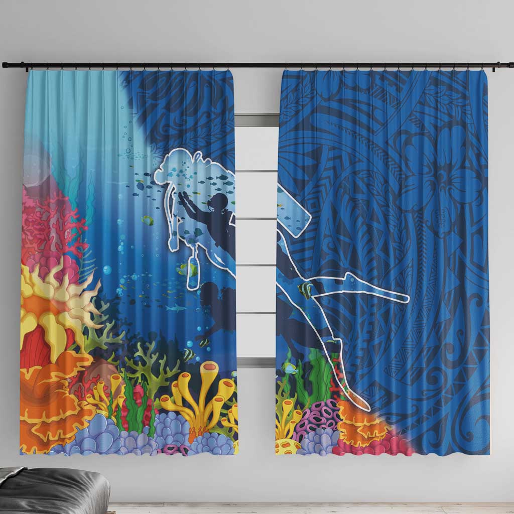 Polynesian Scuba Diving Window Curtain Beauty Corals with Underwater and Polynesian Pattern LT03 With Hooks Blue - Polynesian Pride
