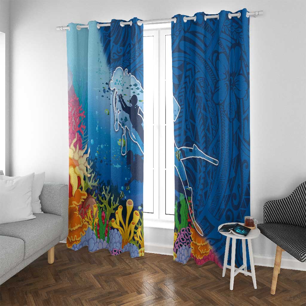 Polynesian Scuba Diving Window Curtain Beauty Corals with Underwater and Polynesian Pattern LT03 With Grommets Blue - Polynesian Pride