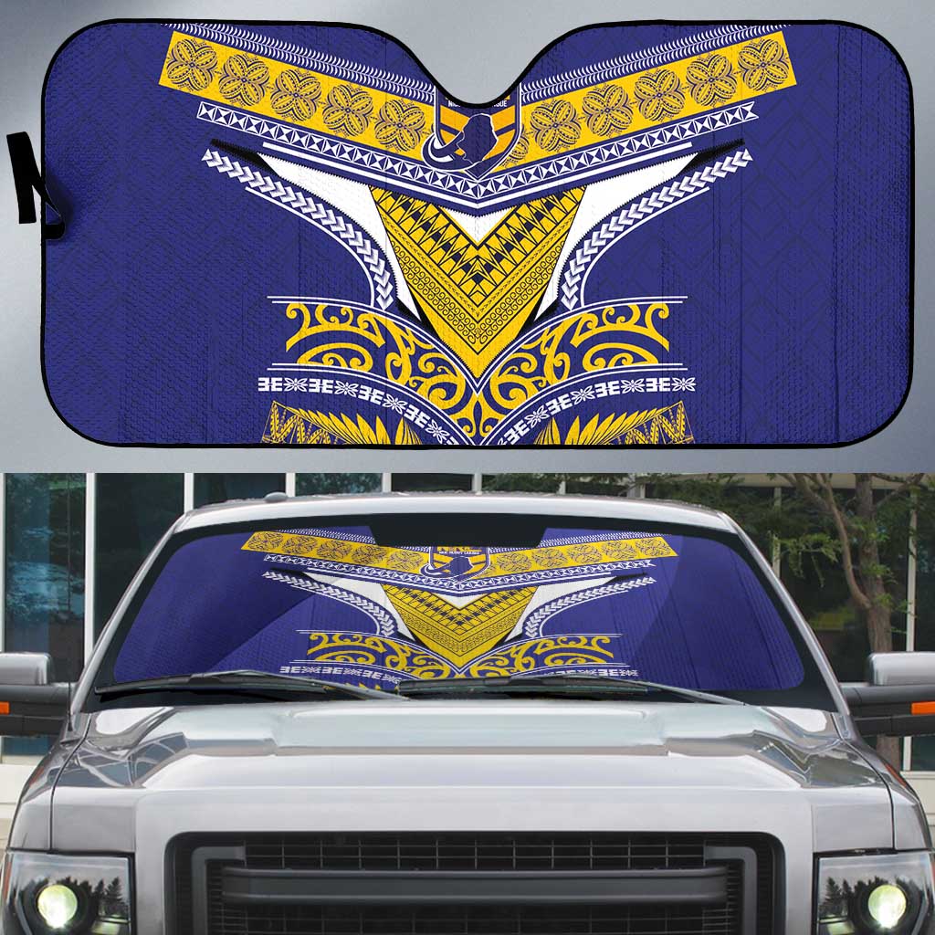 Rugby Niue Auto Sun Shade Hiapo Tribal Heritage Tattoos Blue Color LT03 Blue - Polynesian Pride