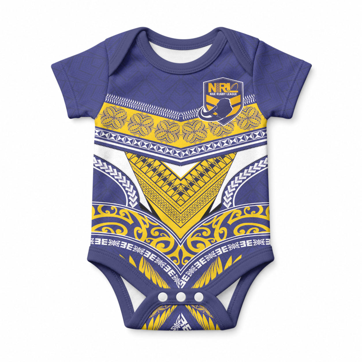Custom Rugby Niue Baby Onesie Hiapo Tribal Heritage Tattoos Blue Color LT03 Blue - Polynesian Pride