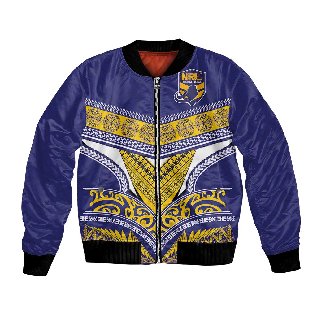 Custom Rugby Niue Bomber Jacket Hiapo Tribal Heritage Tattoos Blue Color LT03 Unisex Blue - Polynesian Pride