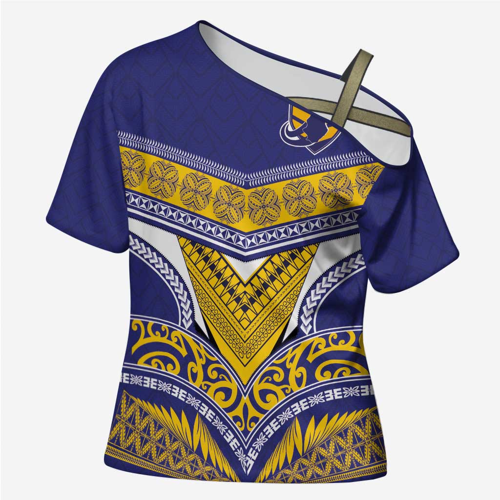 Custom Rugby Niue Cross Shoulder Shirt Hiapo Tribal Heritage Tattoos Blue Color LT03 Female Blue - Polynesian Pride