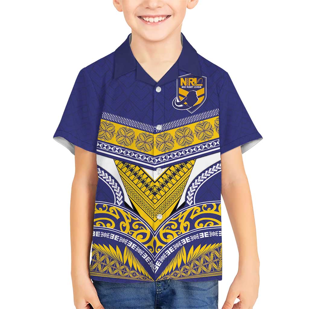 Custom Rugby Niue Kid Hawaiian Shirt Hiapo Tribal Heritage Tattoos Blue Color LT03 Kid Blue - Polynesian Pride