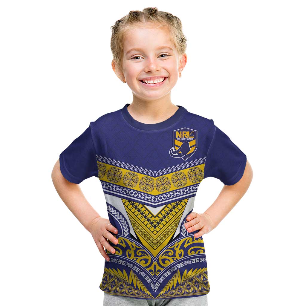 Custom Rugby Niue Kid T Shirt Hiapo Tribal Heritage Tattoos Blue Color LT03 Blue - Polynesian Pride