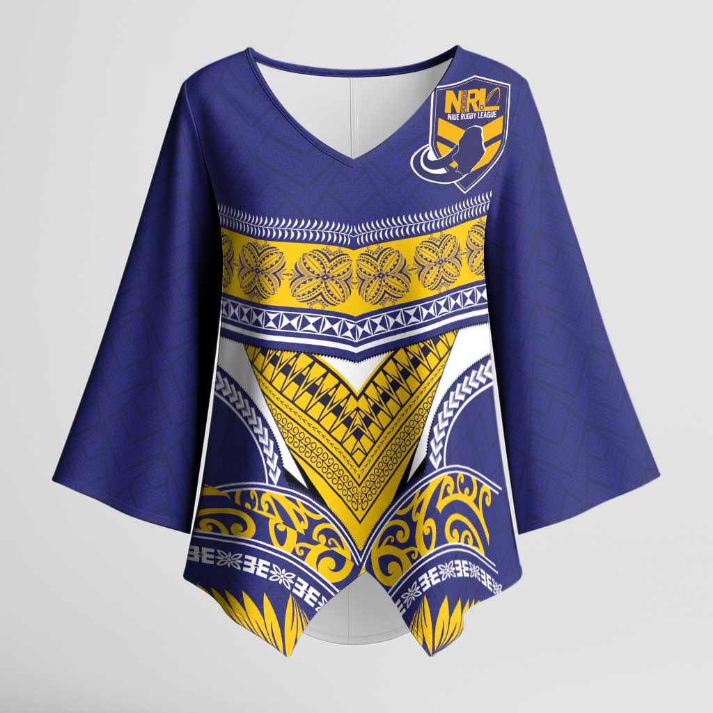 Custom Rugby Niue Kimono Sleeve Blouse Hiapo Tribal Heritage Tattoos Blue Color LT03 Female Blue - Polynesian Pride