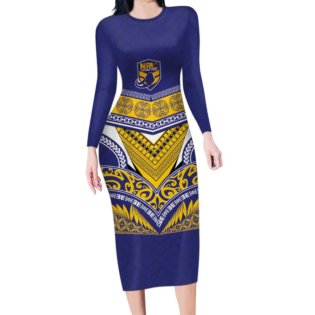 Custom Rugby Niue Long Sleeve Bodycon Dress Hiapo Tribal Heritage Tattoos Blue Color LT03 Long Dress Blue - Polynesian Pride