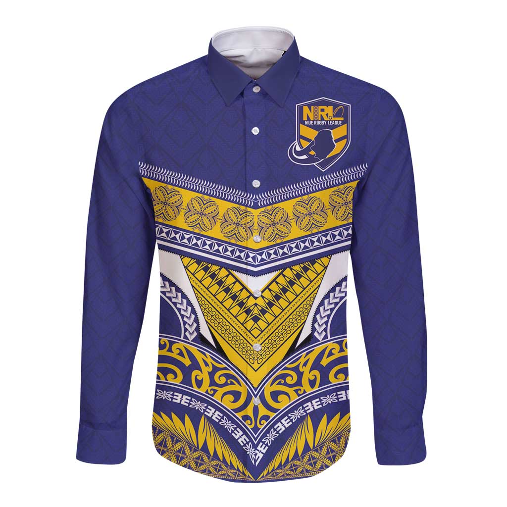 Custom Rugby Niue Long Sleeve Button Shirt Hiapo Tribal Heritage Tattoos Blue Color LT03 Unisex Blue - Polynesian Pride