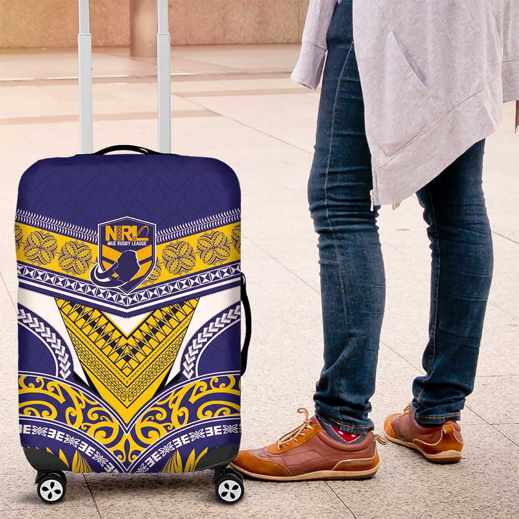Rugby Niue Luggage Cover Hiapo Tribal Heritage Tattoos Blue Color LT03 Blue - Polynesian Pride
