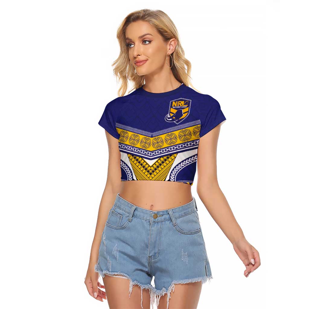 Custom Rugby Niue Raglan Cropped T Shirt Hiapo Tribal Heritage Tattoos Blue Color LT03 Female Blue - Polynesian Pride