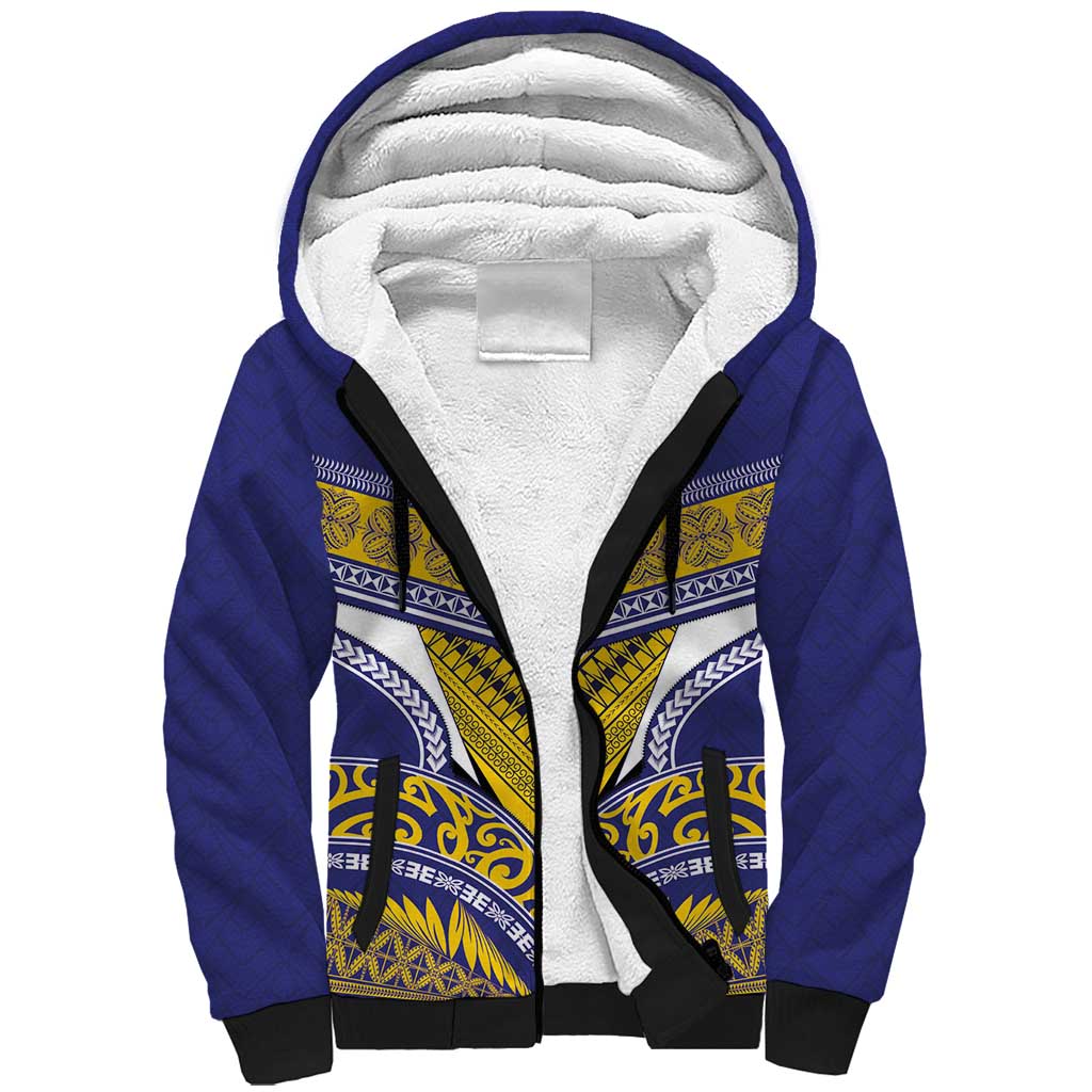 Custom Rugby Niue Sherpa Hoodie Hiapo Tribal Heritage Tattoos Blue Color LT03 Unisex Blue - Polynesian Pride