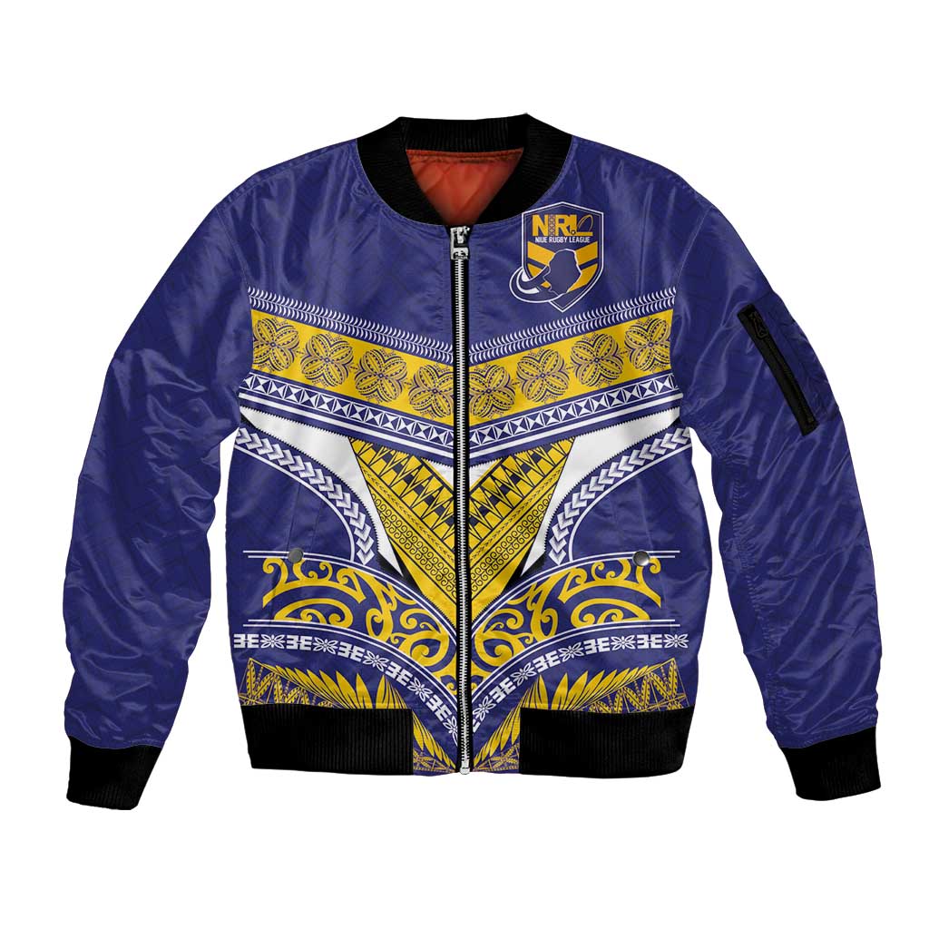 Custom Rugby Niue Sleeve Zip Bomber Jacket Hiapo Tribal Heritage Tattoos Blue Color LT03 Unisex Blue - Polynesian Pride