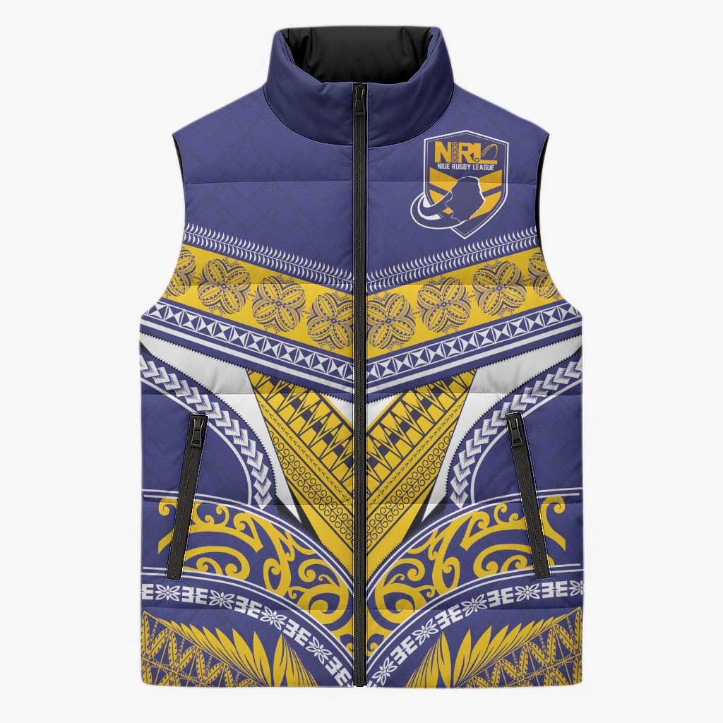 Custom Rugby Niue Sleeveless Puffer Jacket Hiapo Tribal Heritage Tattoos Blue Color LT03 Unisex Blue - Polynesian Pride