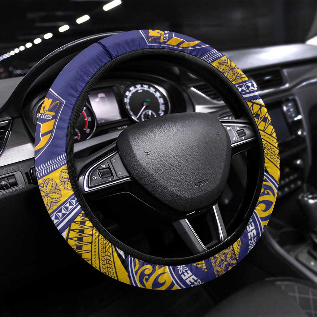 Rugby Niue Steering Wheel Cover Hiapo Tribal Heritage Tattoos Blue Color LT03 Universal Fit Blue - Polynesian Pride