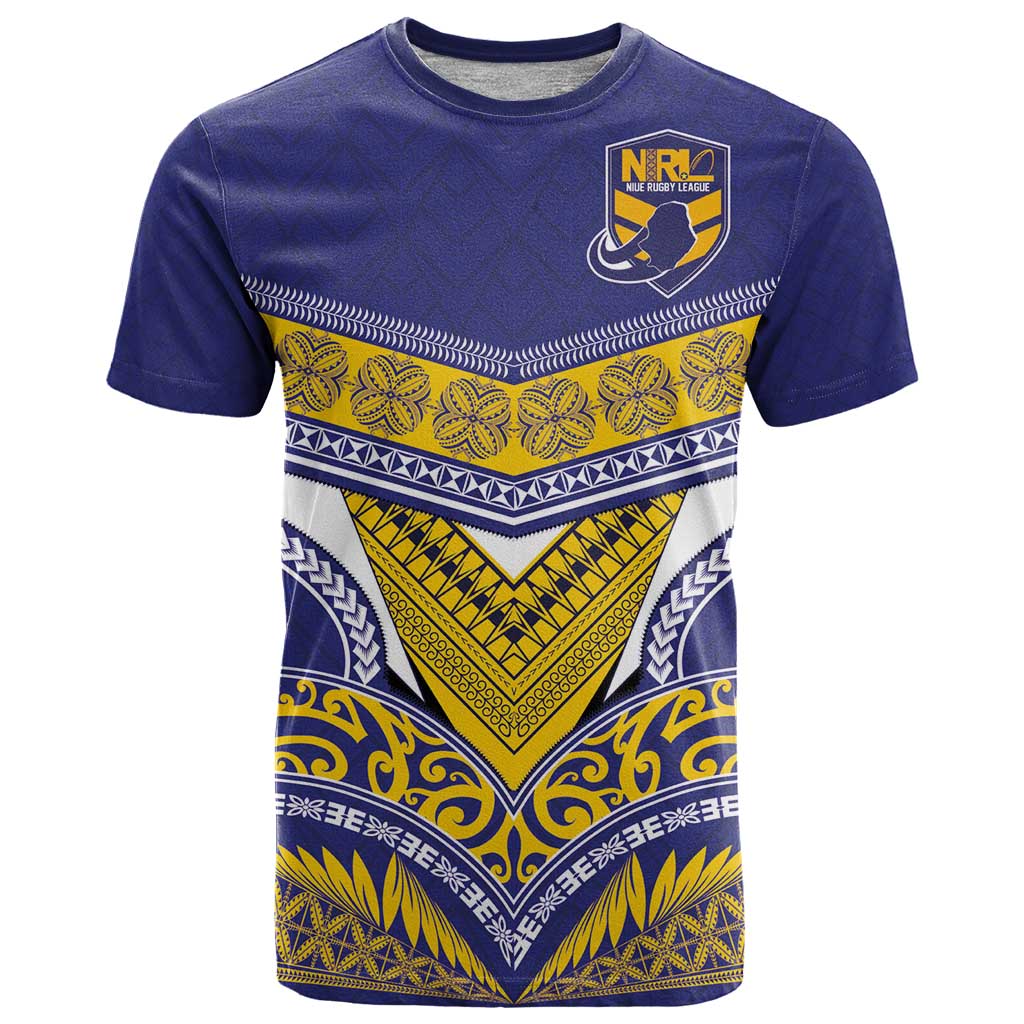 Custom Rugby Niue T Shirt Hiapo Tribal Heritage Tattoos Blue Color LT03 Blue - Polynesian Pride