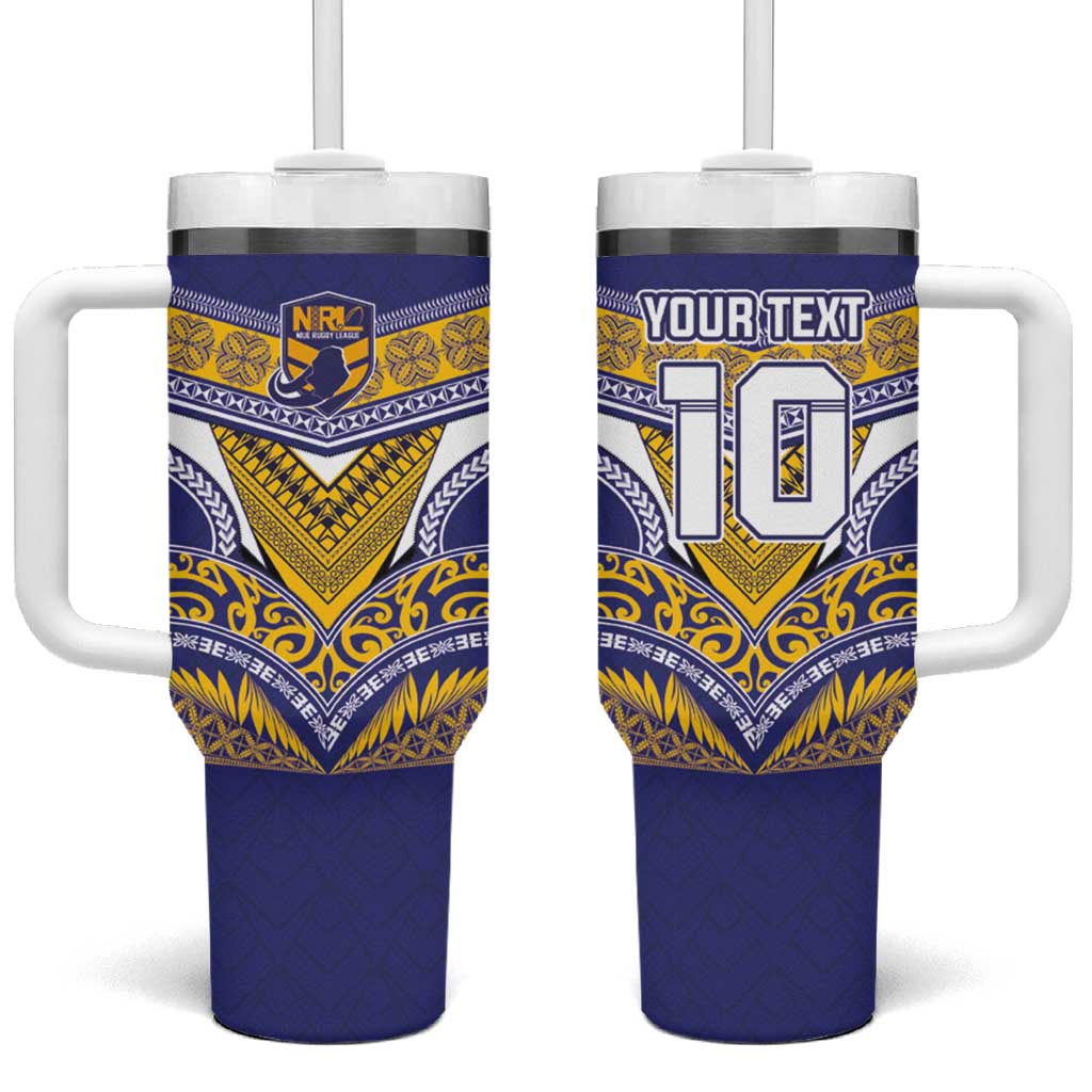 Custom Rugby Niue Tumbler With Handle Hiapo Tribal Heritage Tattoos Blue Color LT03 One Size: 40 oz Blue - Polynesian Pride