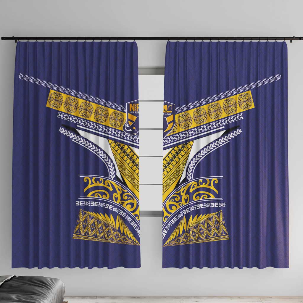 Rugby Niue Window Curtain Hiapo Tribal Heritage Tattoos Blue Color LT03 With Hooks Blue - Polynesian Pride