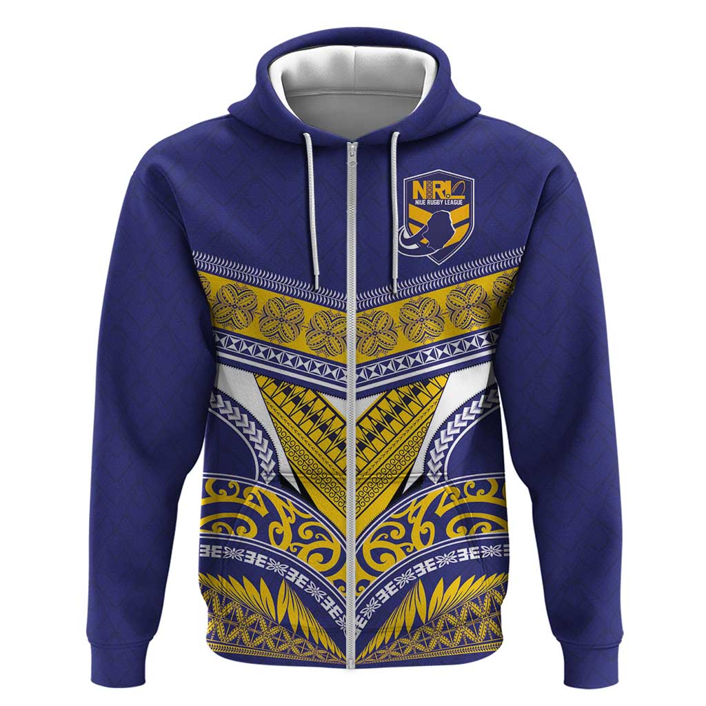 Custom Rugby Niue Zip Hoodie Hiapo Tribal Heritage Tattoos Blue Color LT03 Zip Hoodie Blue - Polynesian Pride
