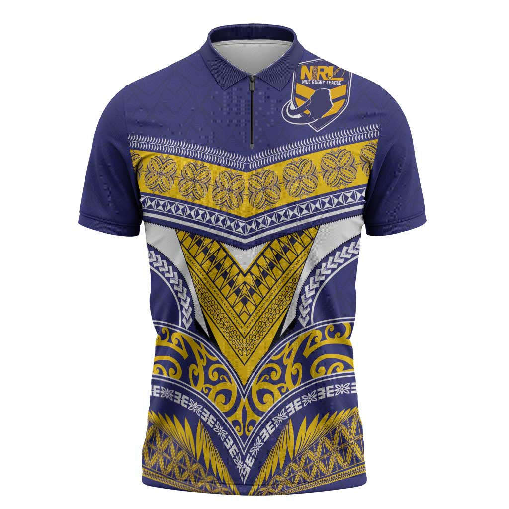 Custom Rugby Niue Zipper Polo Shirt Hiapo Tribal Heritage Tattoos Blue Color LT03 Blue - Polynesian Pride
