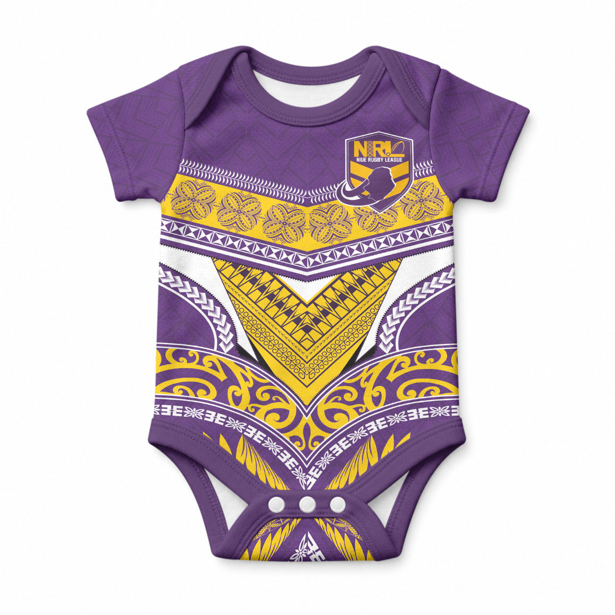 Custom Rugby Niue Baby Onesie Hiapo Tribal Heritage Tattoos Purple Color LT03 Purple - Polynesian Pride