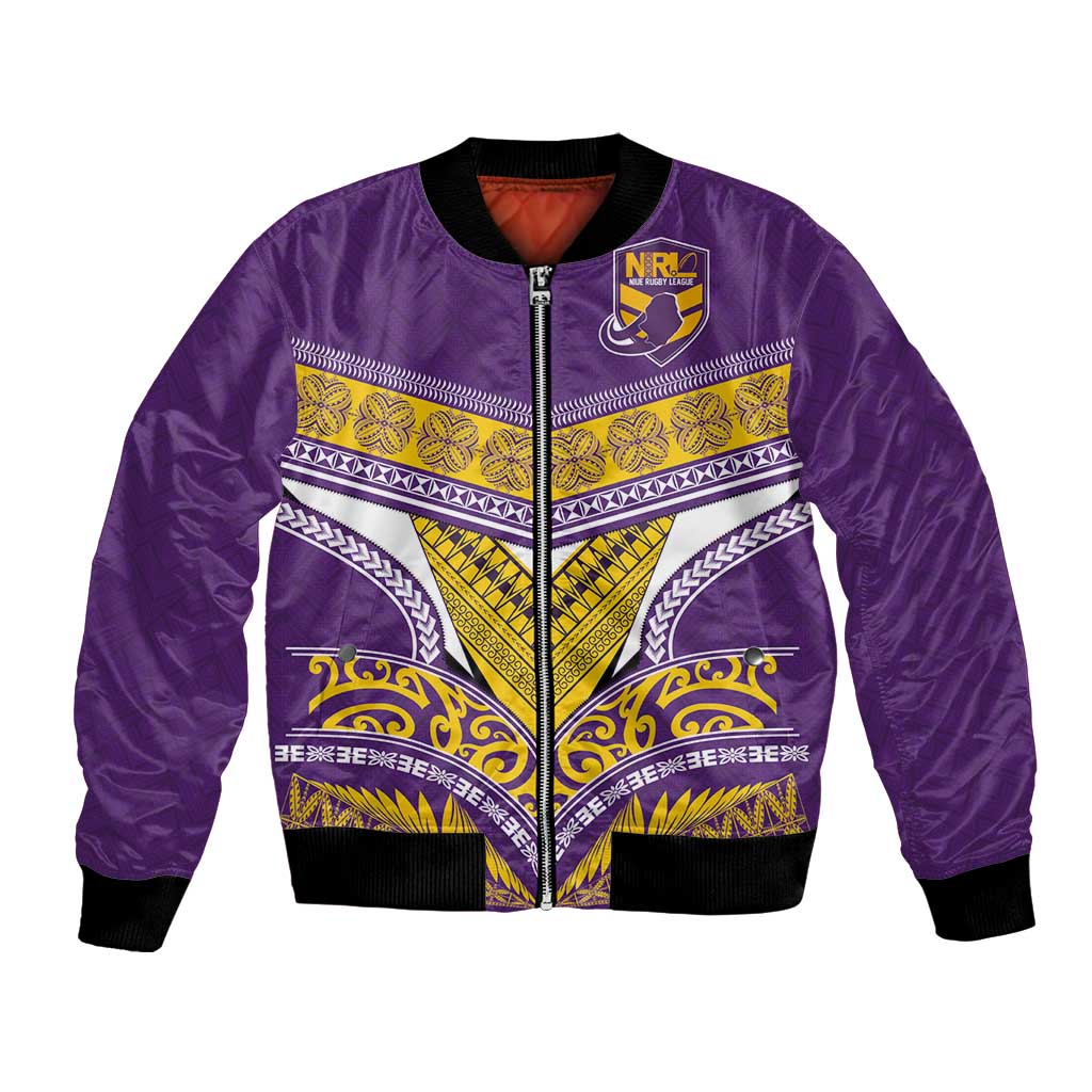 Custom Rugby Niue Bomber Jacket Hiapo Tribal Heritage Tattoos Purple Color LT03 Unisex Purple - Polynesian Pride