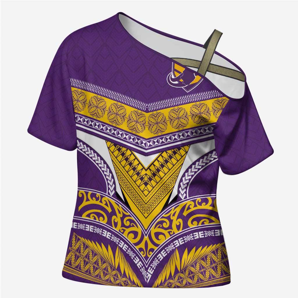 Custom Rugby Niue Cross Shoulder Shirt Hiapo Tribal Heritage Tattoos Purple Color LT03 Female Purple - Polynesian Pride