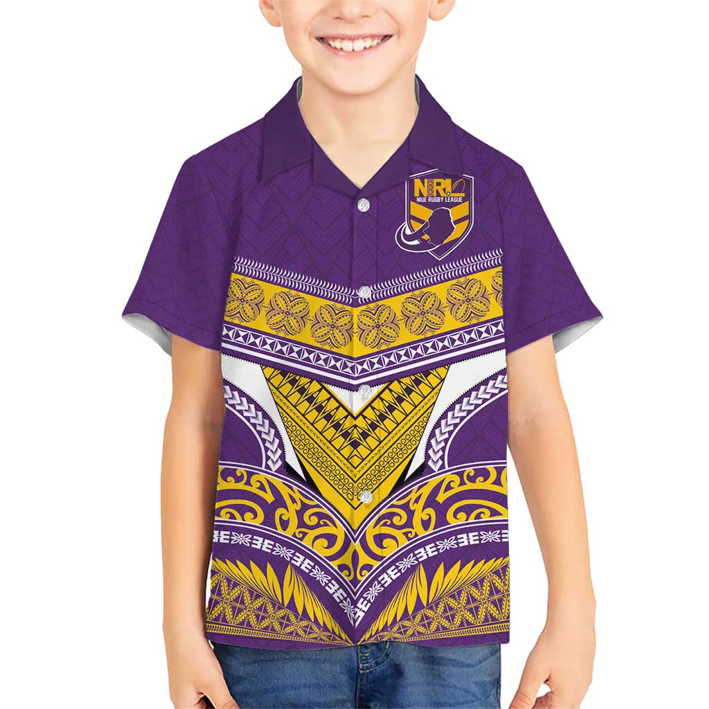 Custom Rugby Niue Kid Hawaiian Shirt Hiapo Tribal Heritage Tattoos Purple Color LT03 Kid Purple - Polynesian Pride