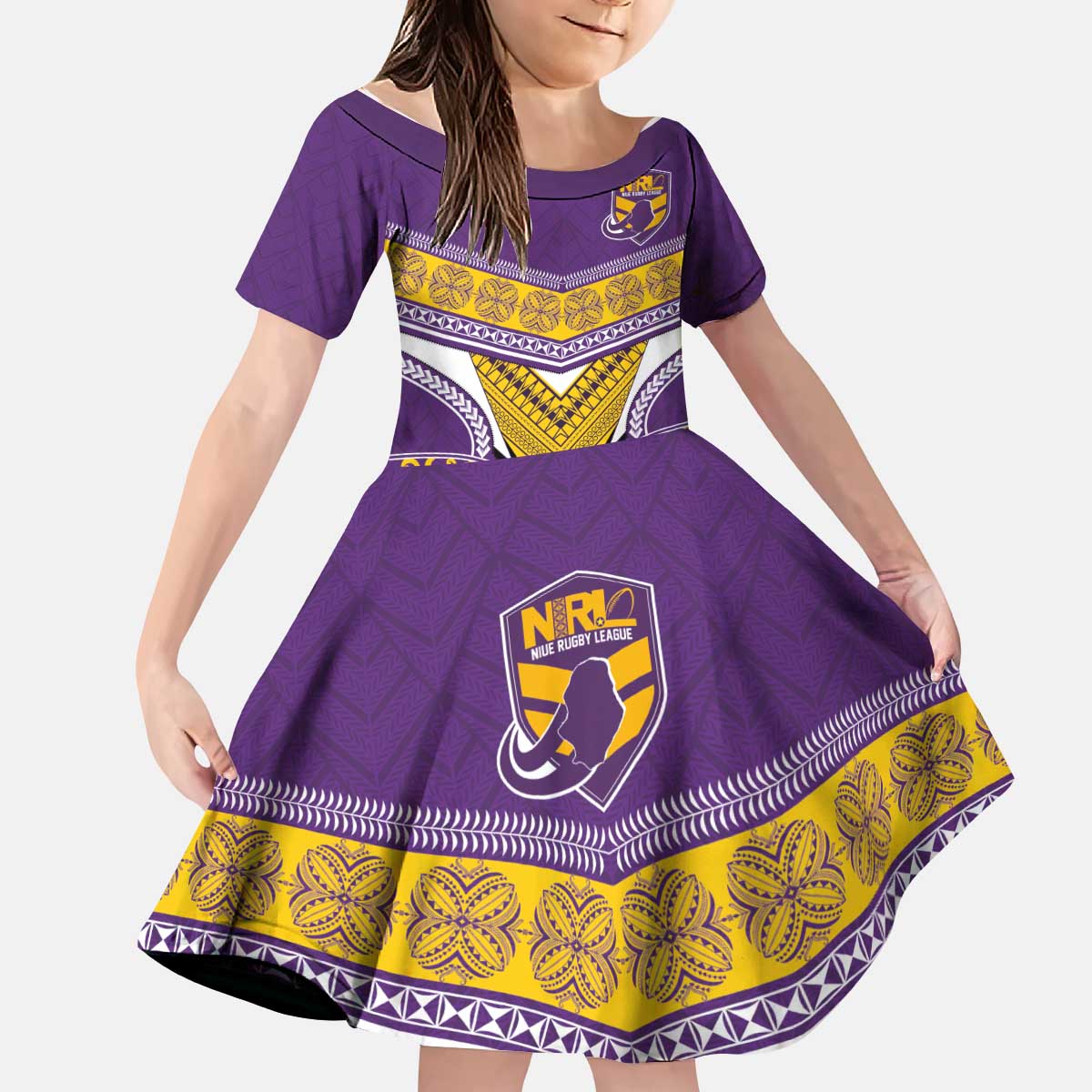 Custom Rugby Niue Kid Short Sleeve Dress Hiapo Tribal Heritage Tattoos Purple Color LT03 KID Purple - Polynesian Pride