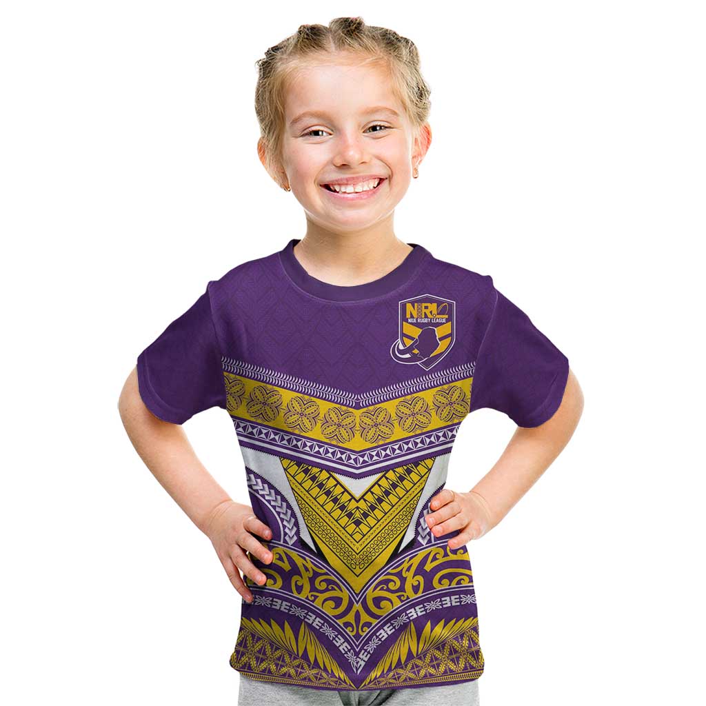 Custom Rugby Niue Kid T Shirt Hiapo Tribal Heritage Tattoos Purple Color LT03 Purple - Polynesian Pride