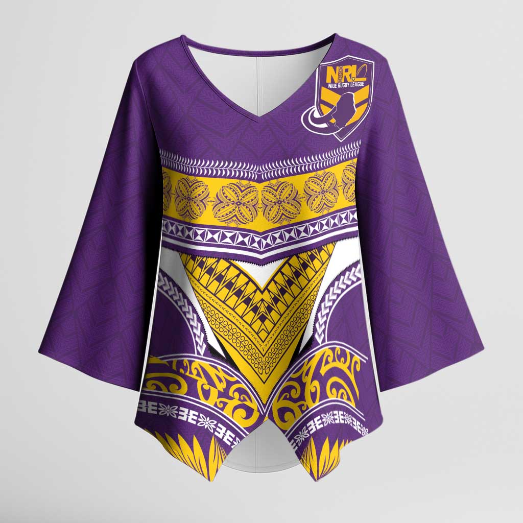 Custom Rugby Niue Kimono Sleeve Blouse Hiapo Tribal Heritage Tattoos Purple Color LT03 Female Purple - Polynesian Pride