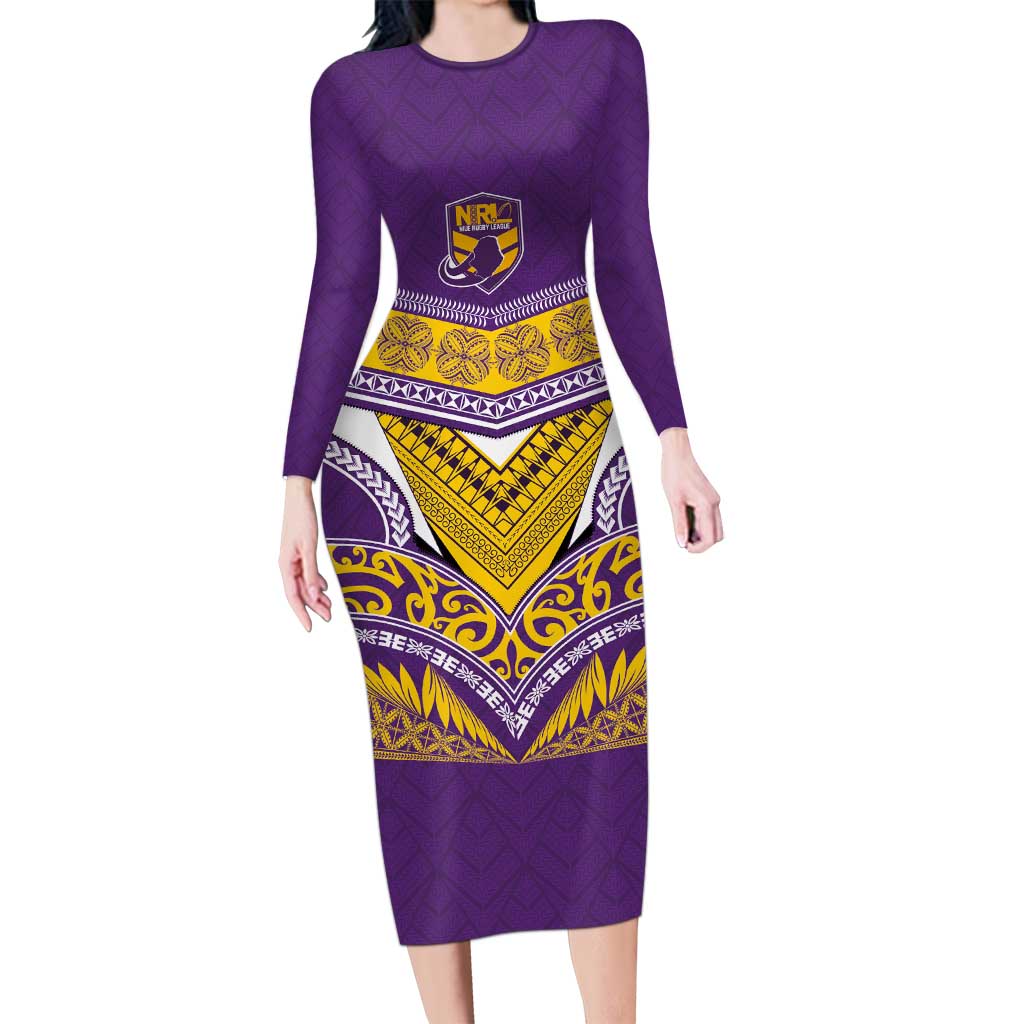 Custom Rugby Niue Long Sleeve Bodycon Dress Hiapo Tribal Heritage Tattoos Purple Color LT03 Long Dress Purple - Polynesian Pride