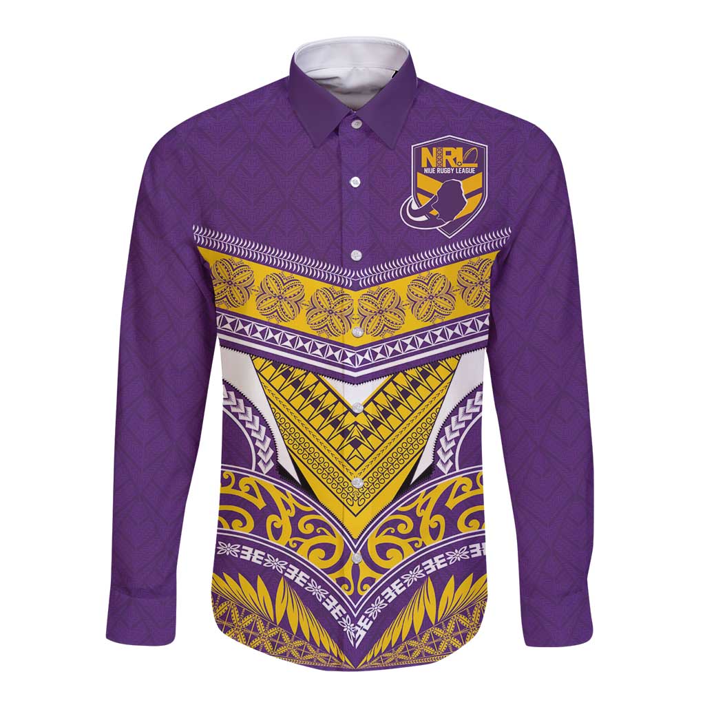 Custom Rugby Niue Long Sleeve Button Shirt Hiapo Tribal Heritage Tattoos Purple Color LT03 Unisex Purple - Polynesian Pride