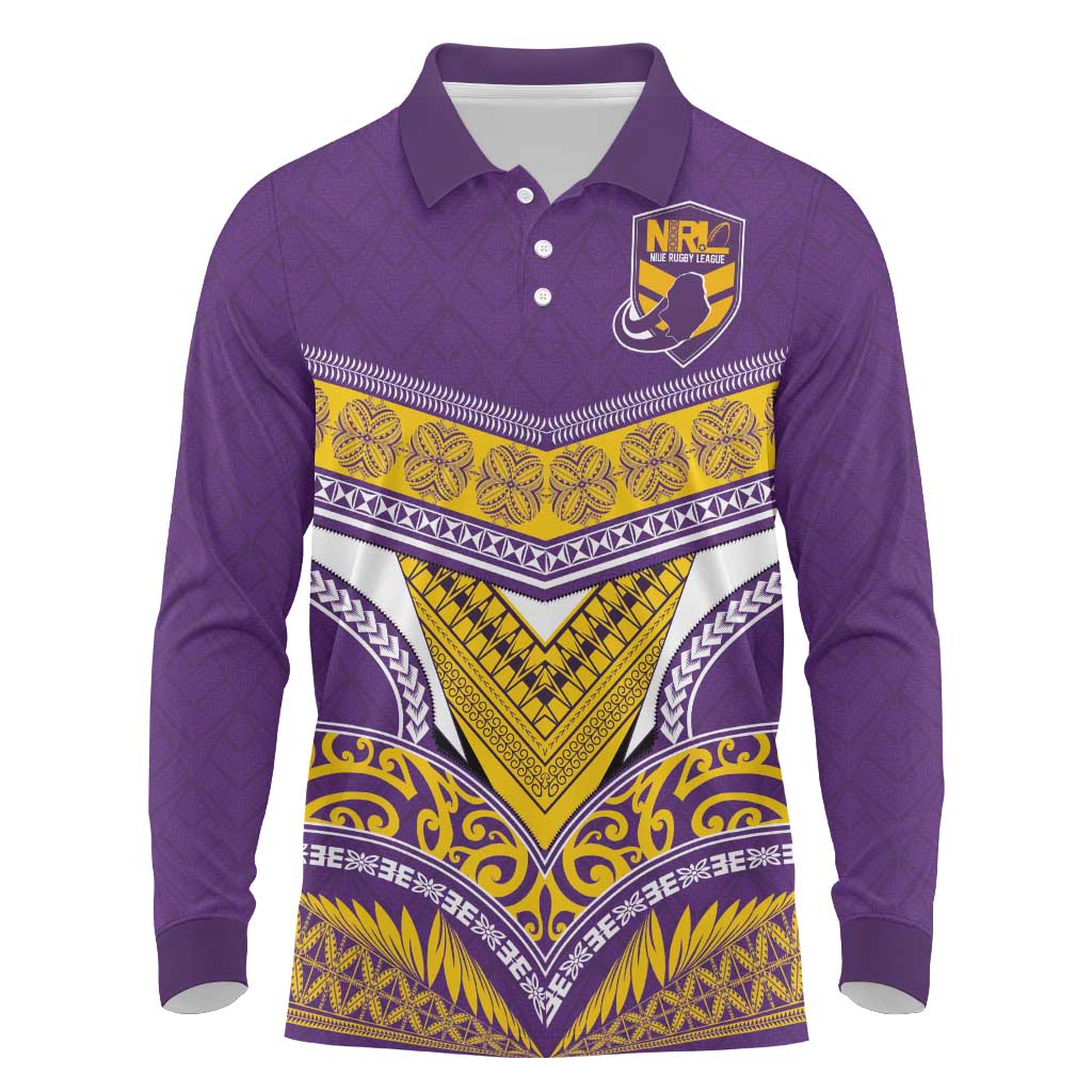 Custom Rugby Niue Long Sleeve Polo Shirt Hiapo Tribal Heritage Tattoos Purple Color LT03 Purple - Polynesian Pride