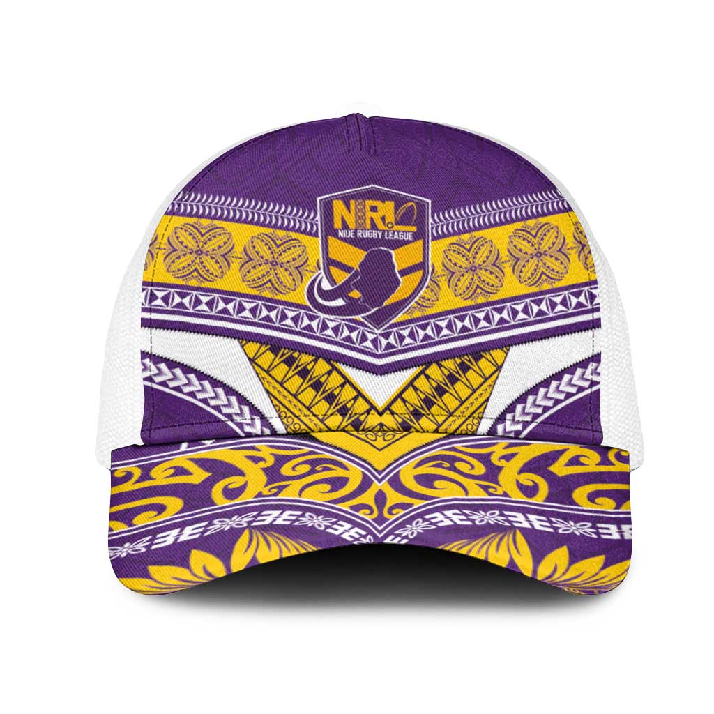 Niue Rugby Mesh Trucker Cap Hiapo Tribal Heritage Tattoos Purple Color LT03 One Size White Purple - Polynesian Pride