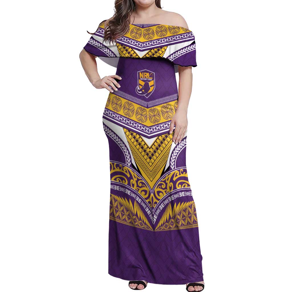 Custom Rugby Niue Off Shoulder Maxi Dress Hiapo Tribal Heritage Tattoos Purple Color LT03 Women Purple - Polynesian Pride