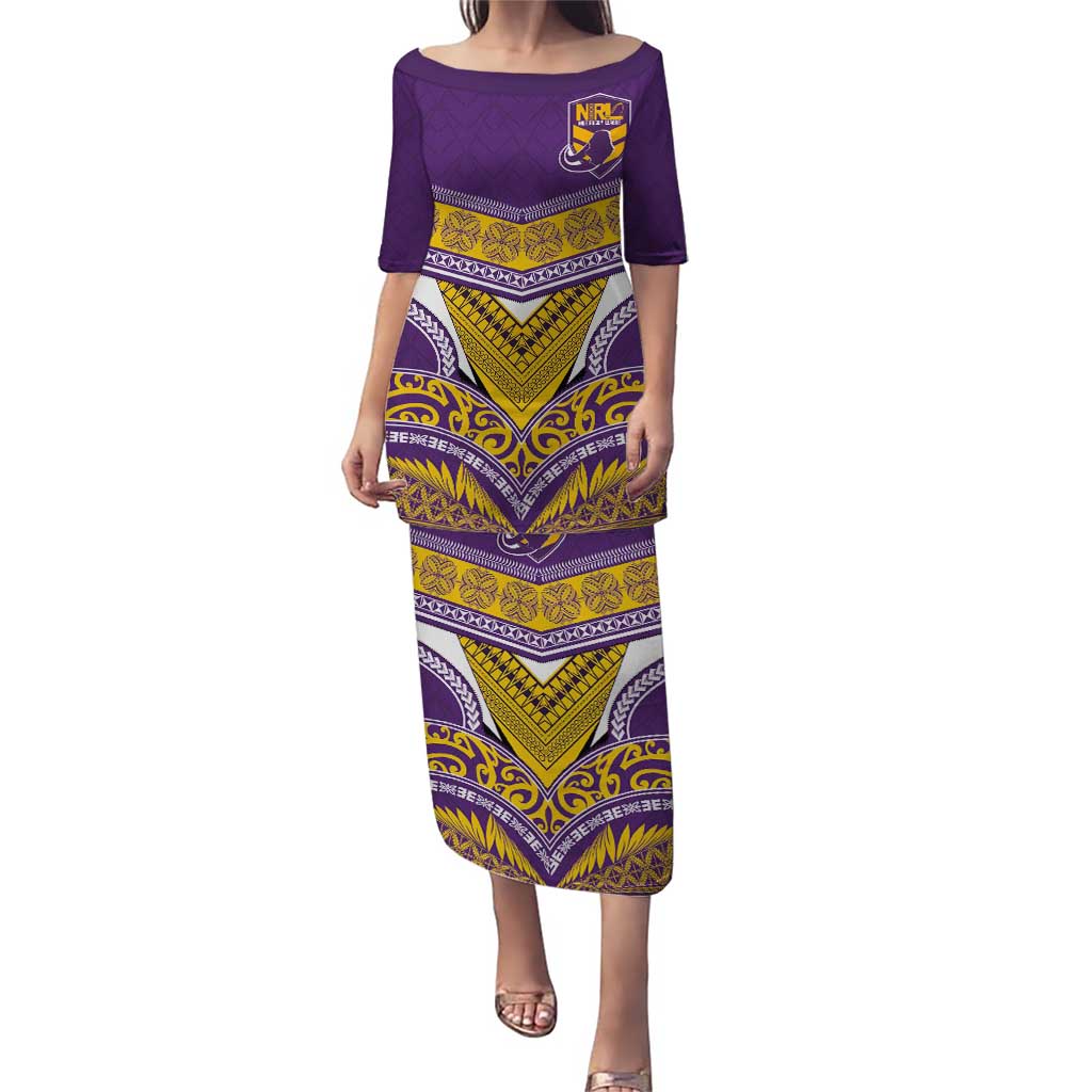 Custom Rugby Niue Puletasi Hiapo Tribal Heritage Tattoos Purple Color LT03 Long Dress Purple - Polynesian Pride