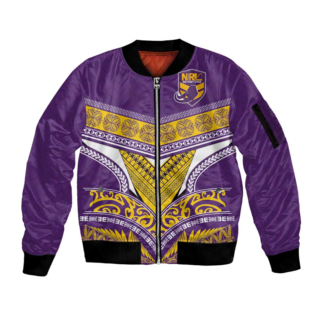 Custom Rugby Niue Sleeve Zip Bomber Jacket Hiapo Tribal Heritage Tattoos Purple Color LT03 Unisex Purple - Polynesian Pride